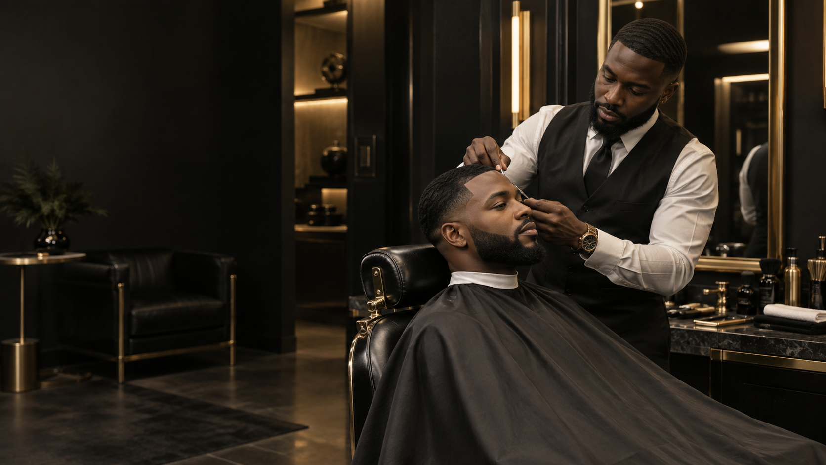 Upscale barbershop website concept in black, gold and white