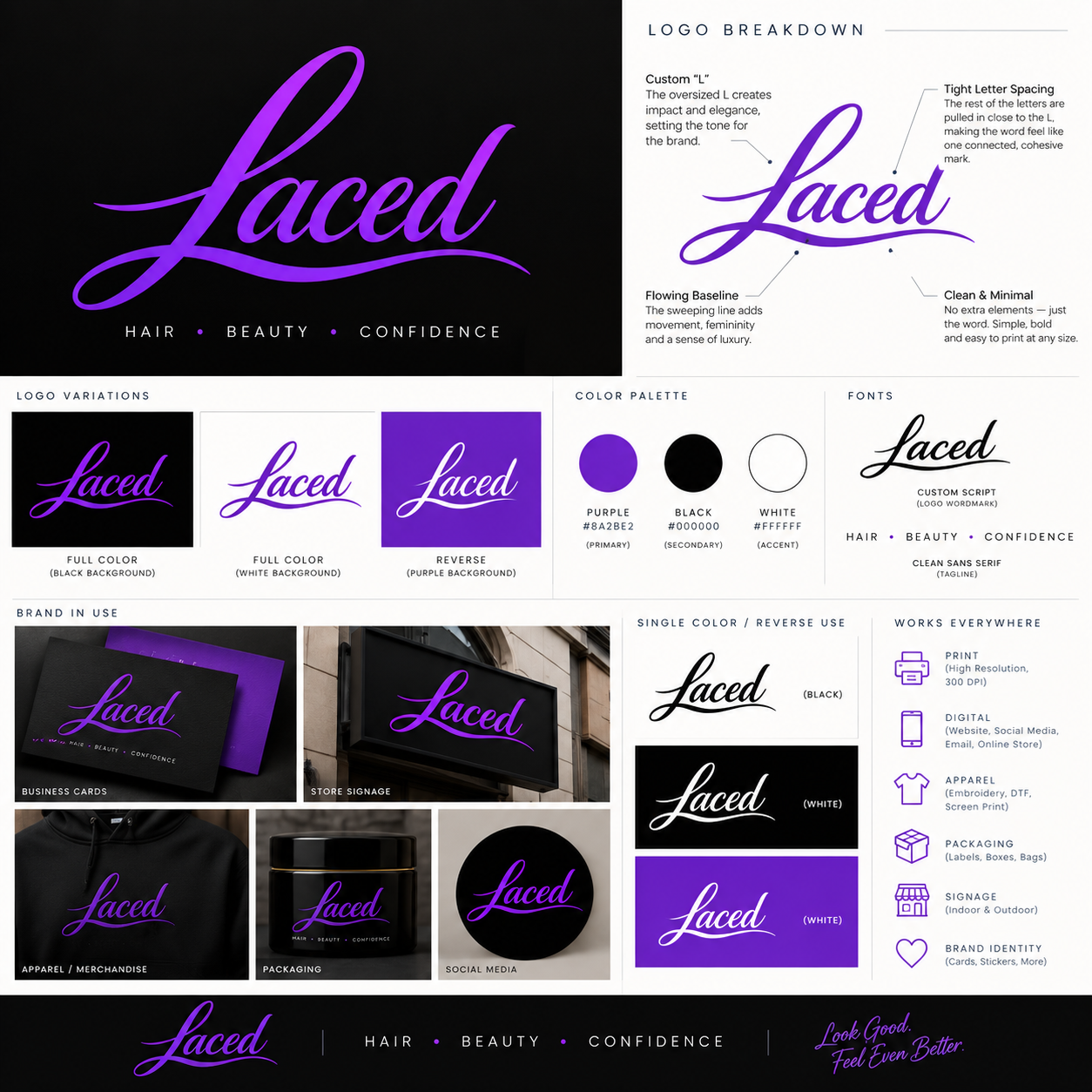 Laced purple, black and white brand identity and website direction