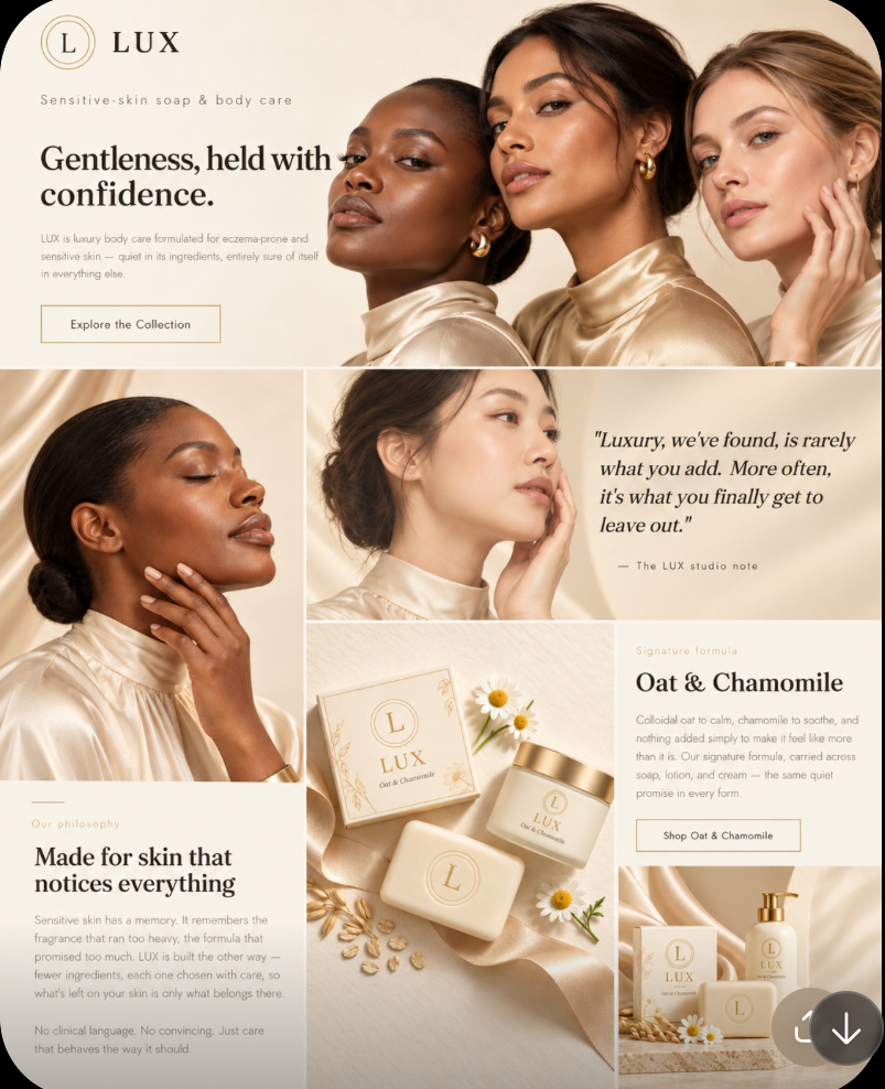 LUX cream and gold luxury sensitive-skin website concept
