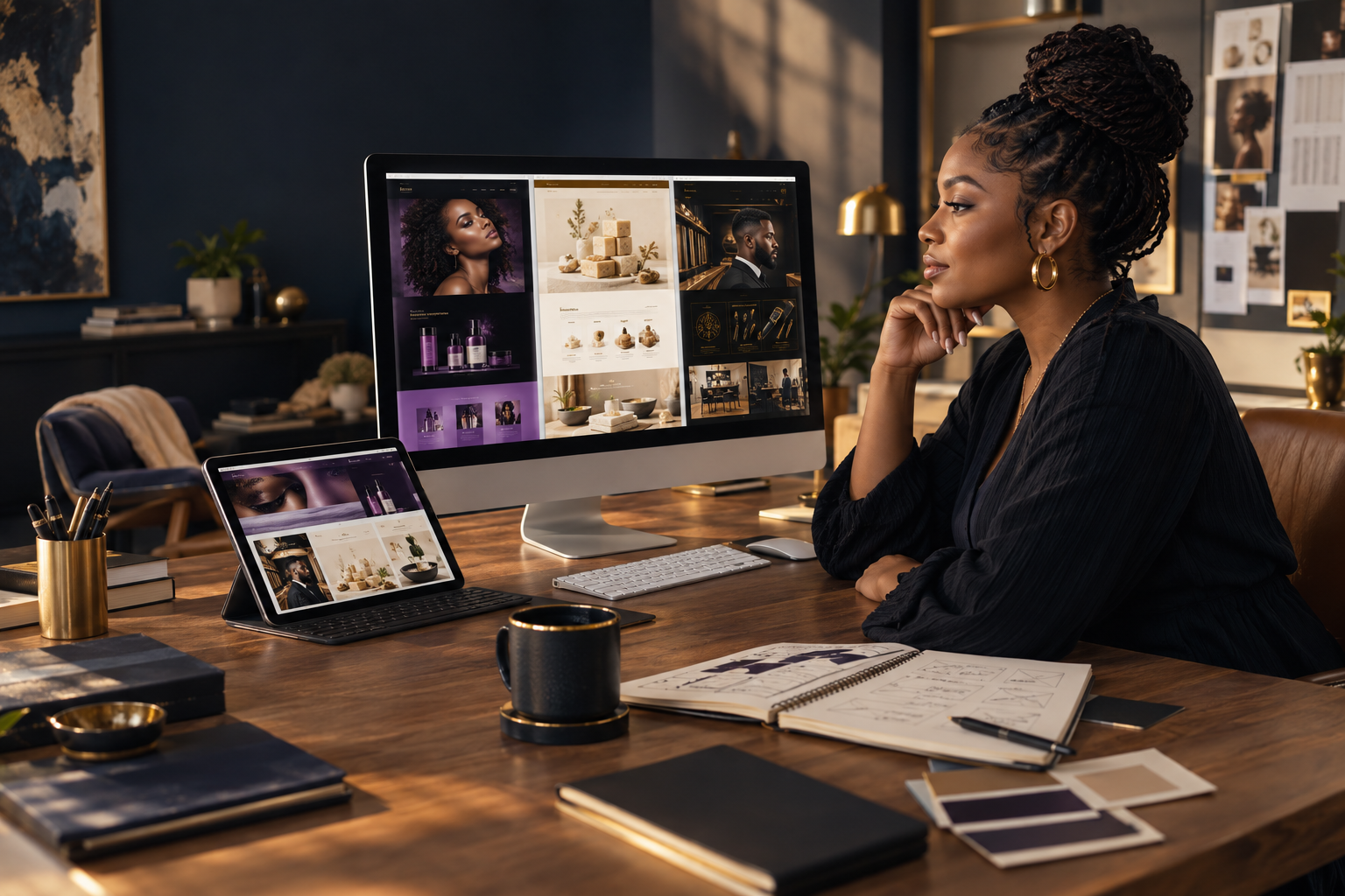 A creative business owner reviewing distinct branded small-business websites