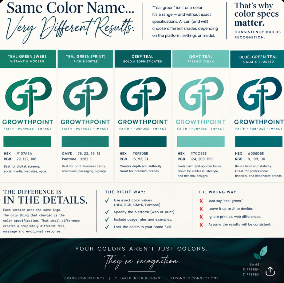 Color consistency example showing several teal interpretations